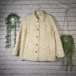 Chico's Quilted Jacket Tan And Cream Floral And Filigre Design Size 3(large)EUC